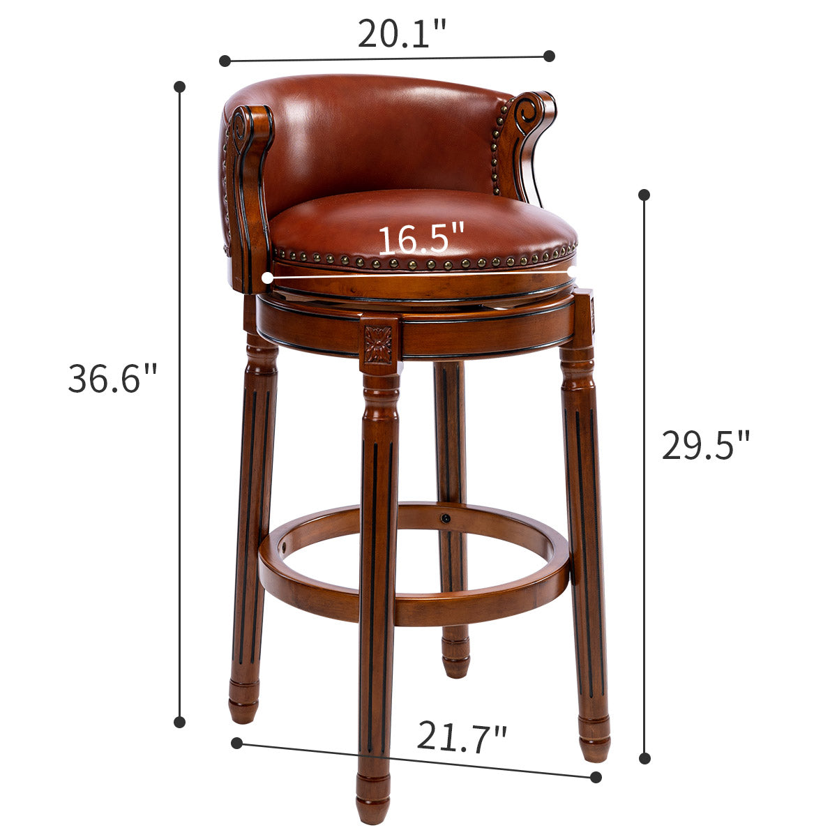 Brown leather swivel bar stool with studded details