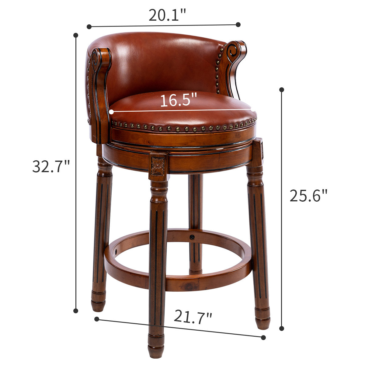 Brown leather swivel bar stool with nailhead trim and carved wood details