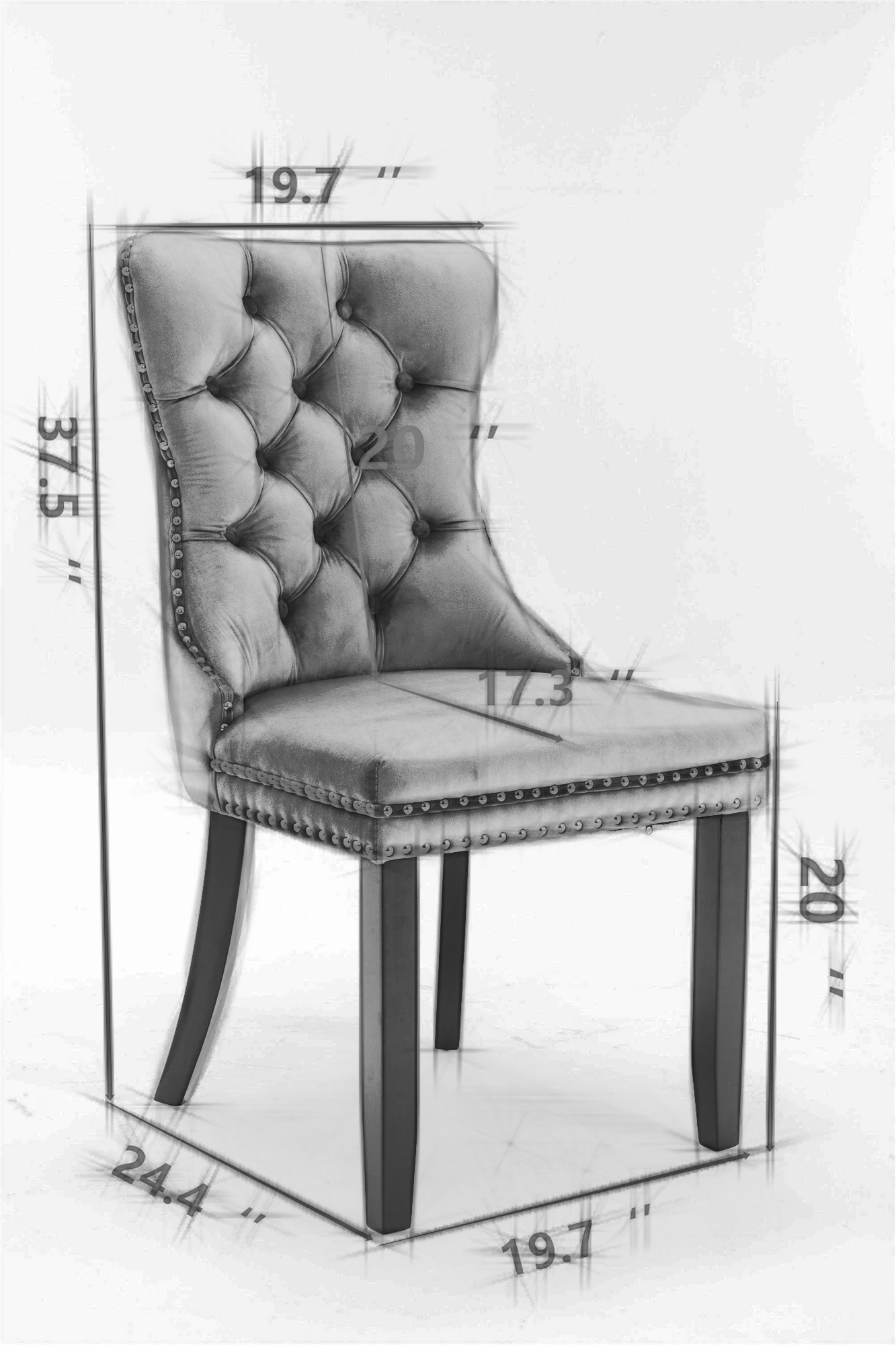 Tufted velvet dining chair with silver nailhead trim and dark wood legs
