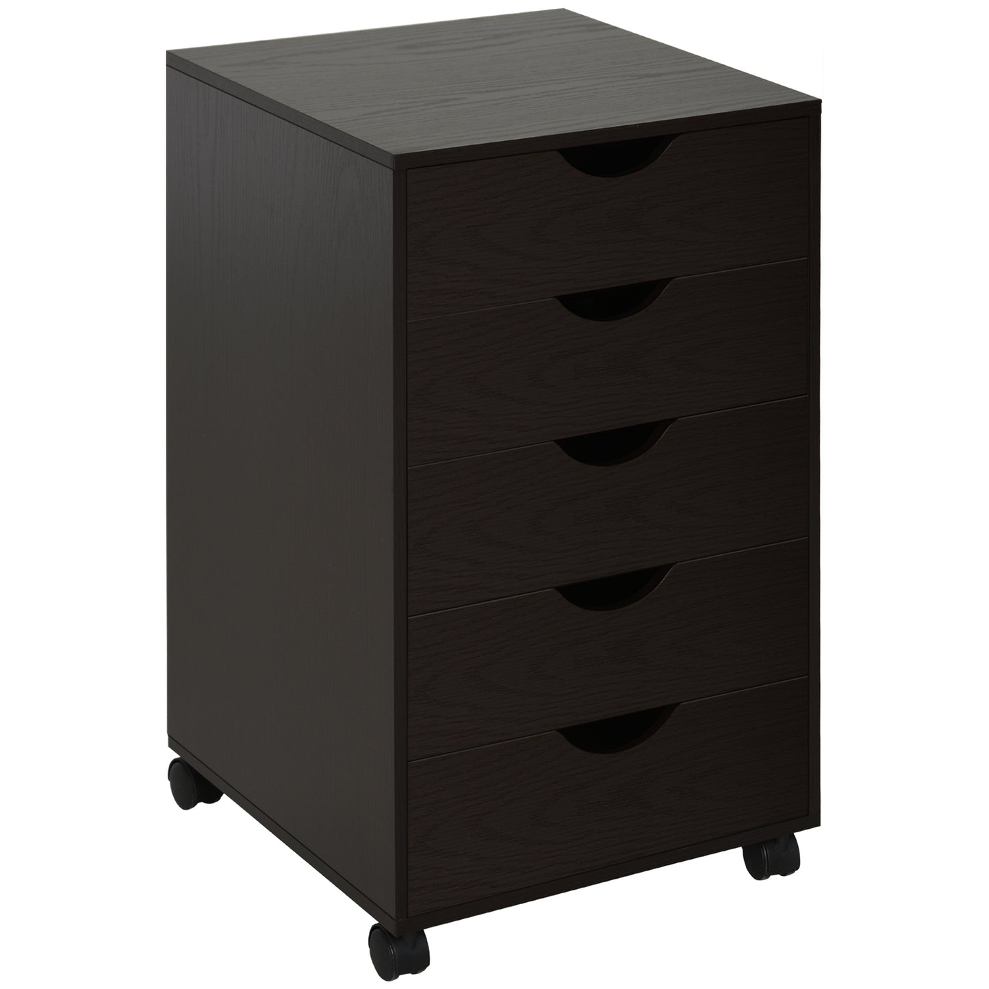 Dark wood drawer rolling cabinet for office organization