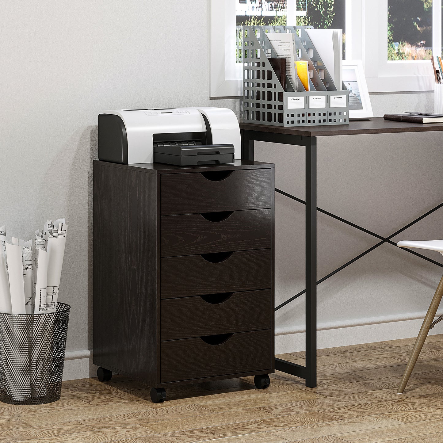 Dark wood drawer mobile filing cabinet with casters