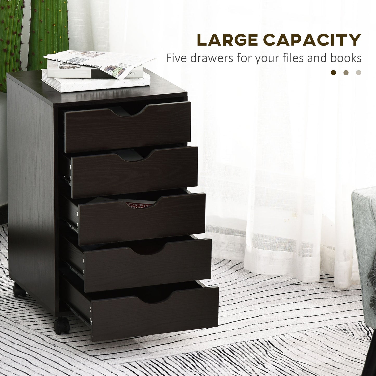Dark wood filing cabinet with five drawers and caster wheels