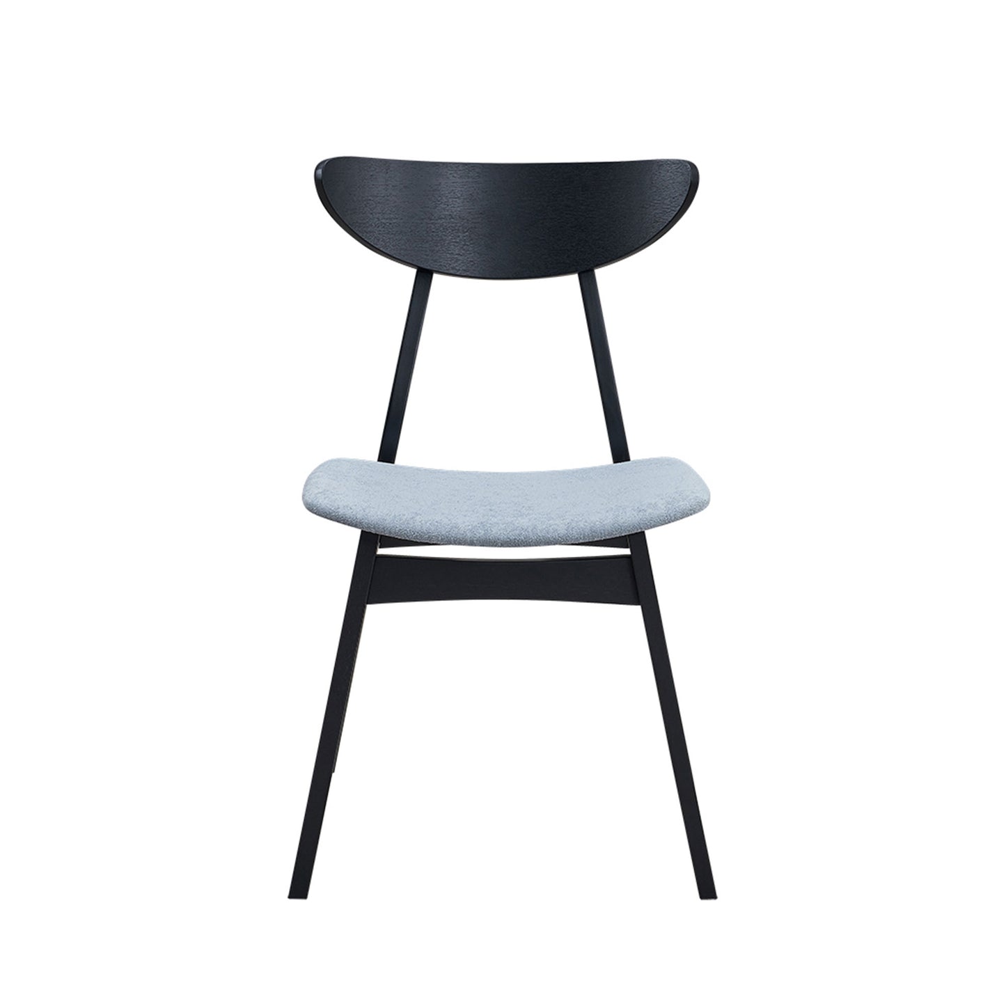 Black wooden dining chair with light gray fabric seat