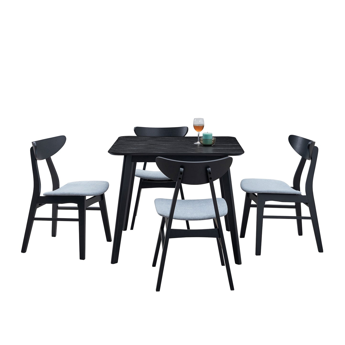 Black modern dining table set with four grey upholstered chairs for a contemporary kitchen