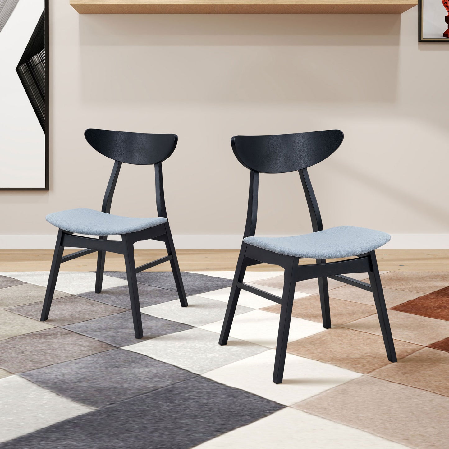 Black modern dining chairs with light blue upholstered seats