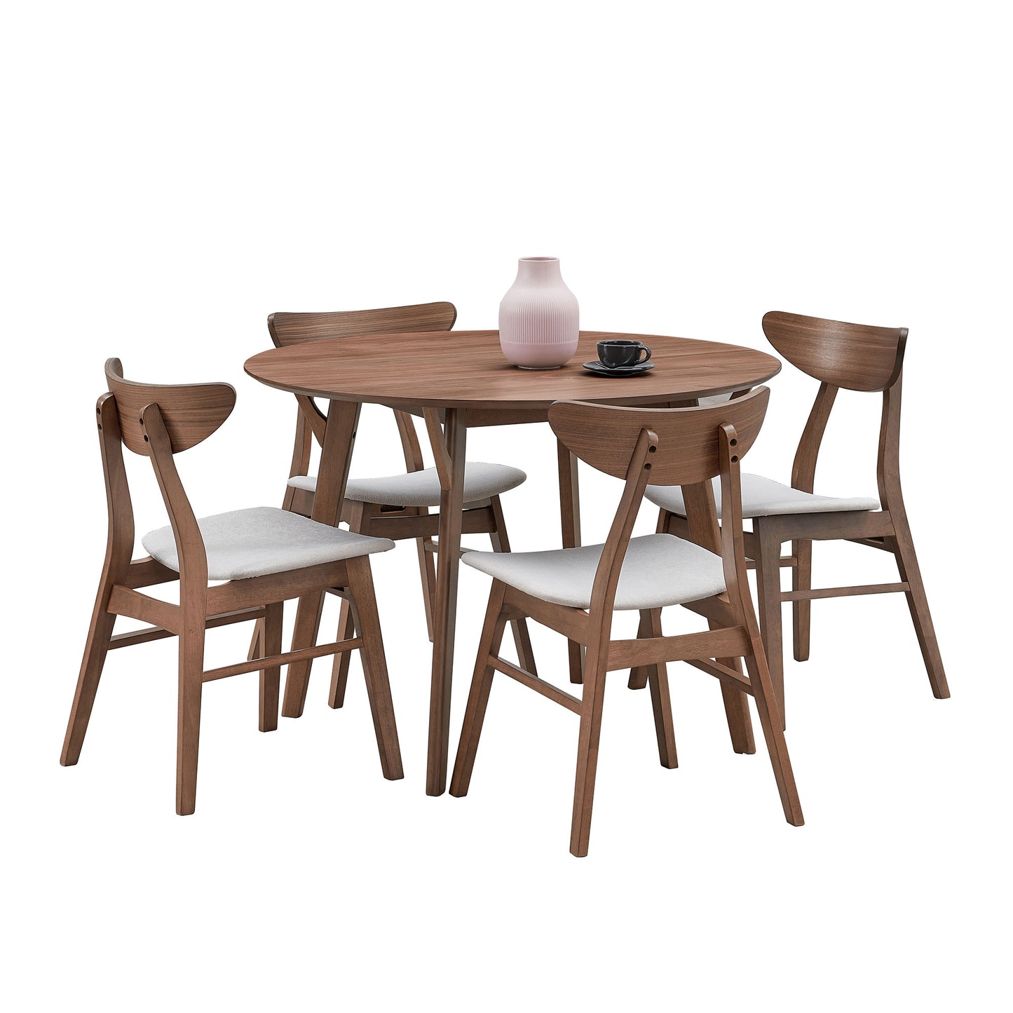 Round walnut dining table with four wooden chairs featuring grey upholstered seats