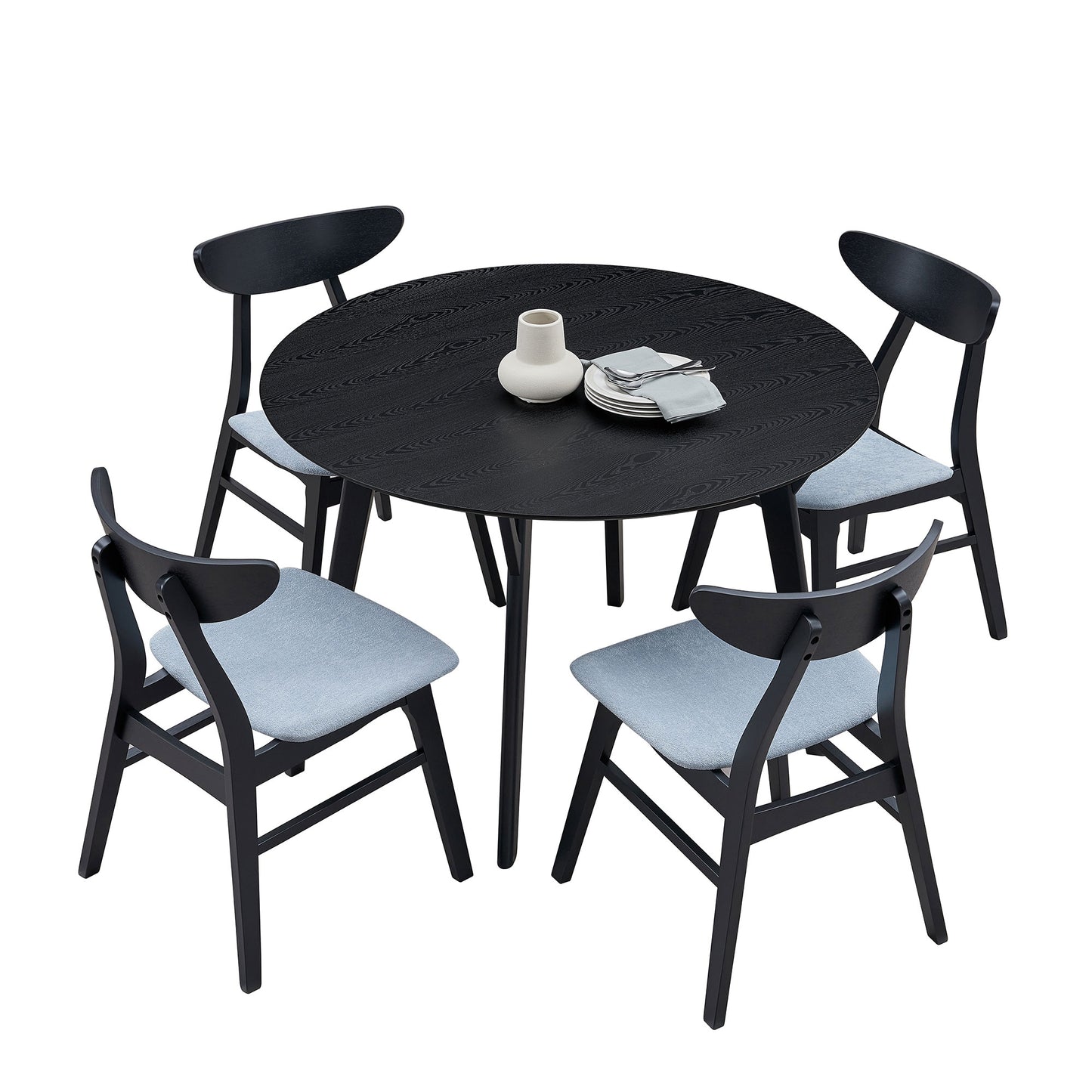 Black round dining table set with four grey upholstered chairs