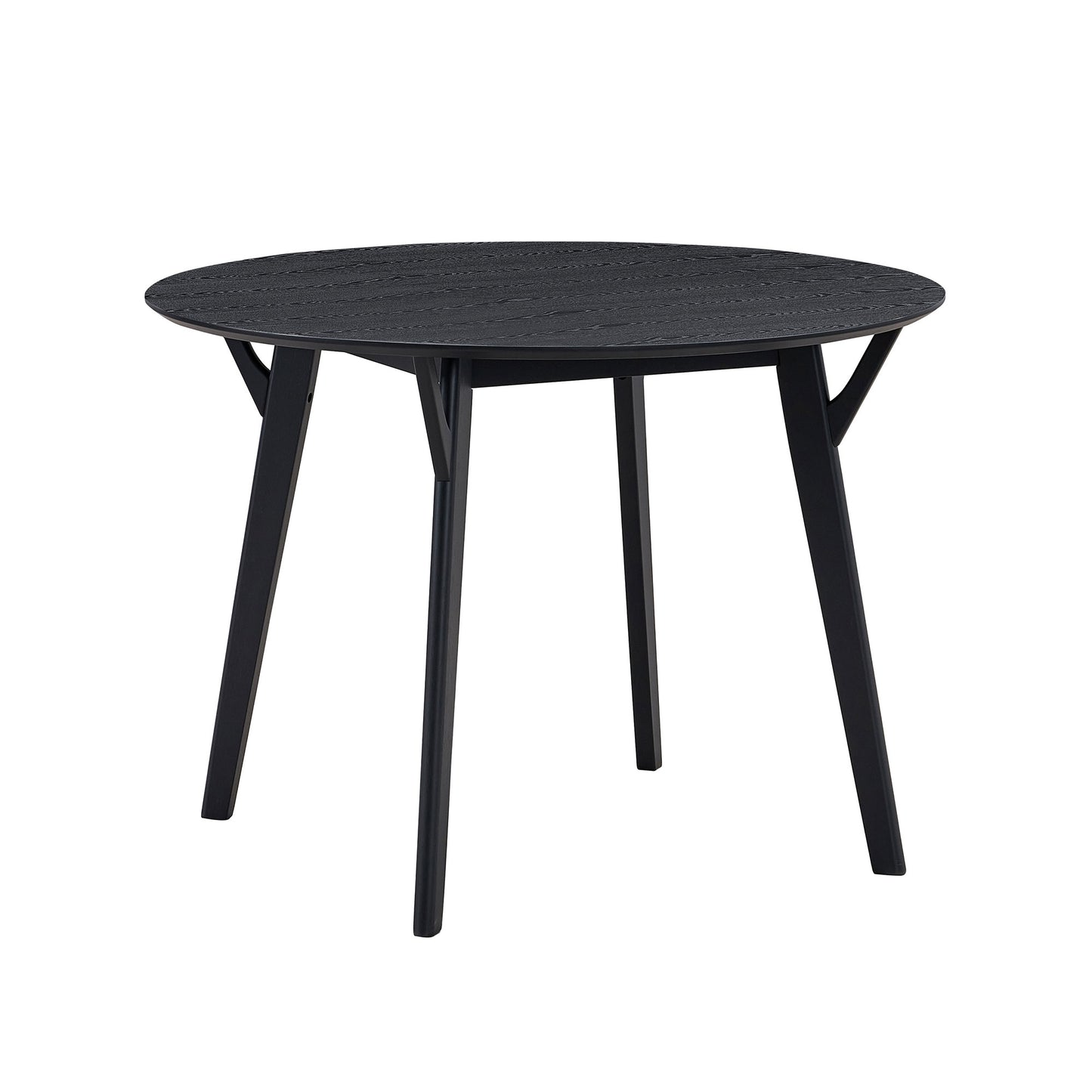Black round dining table with textured surface and tapered legs