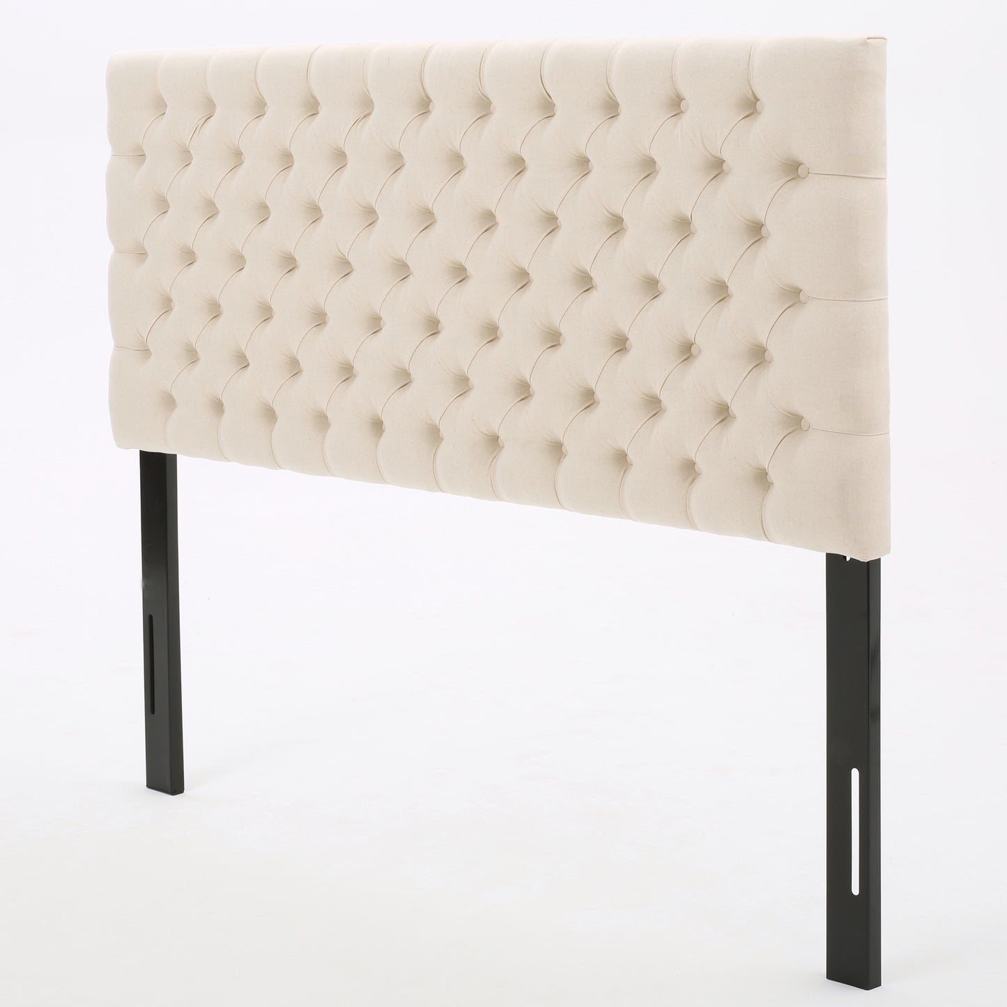 Cream fabric diamond tufted headboard with black metal legs