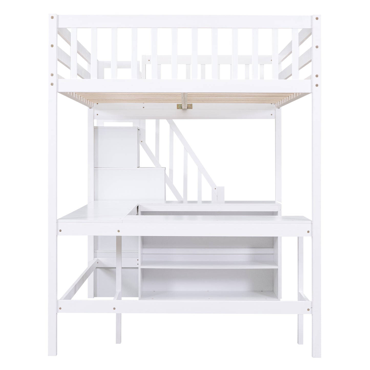 White loft bed with integrated desk and shelves