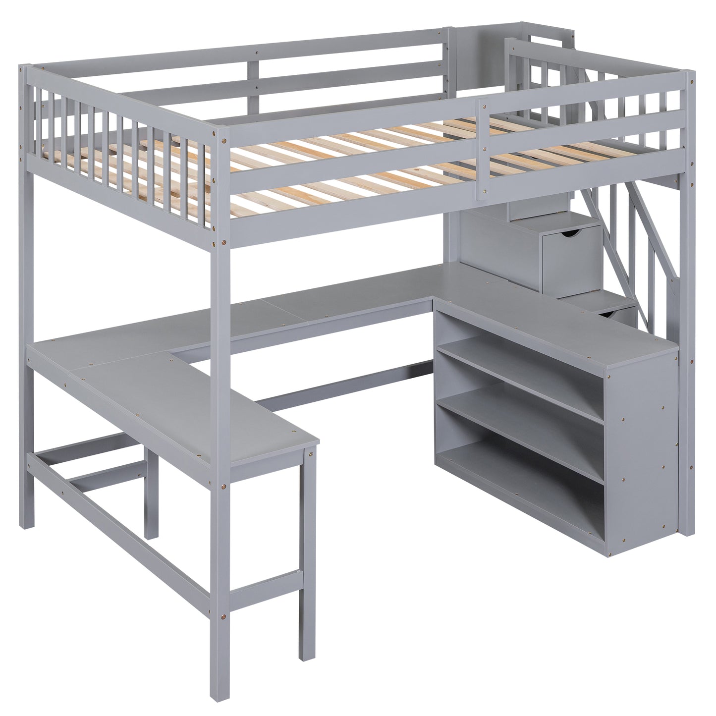 Gray wooden loft bed with integrated desk and shelves