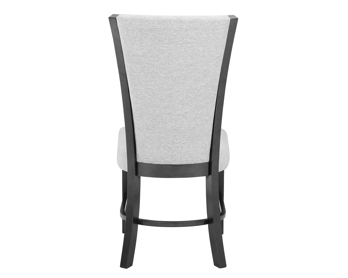 Back view of a grey fabric upholstered dining chair with dark wood frame
