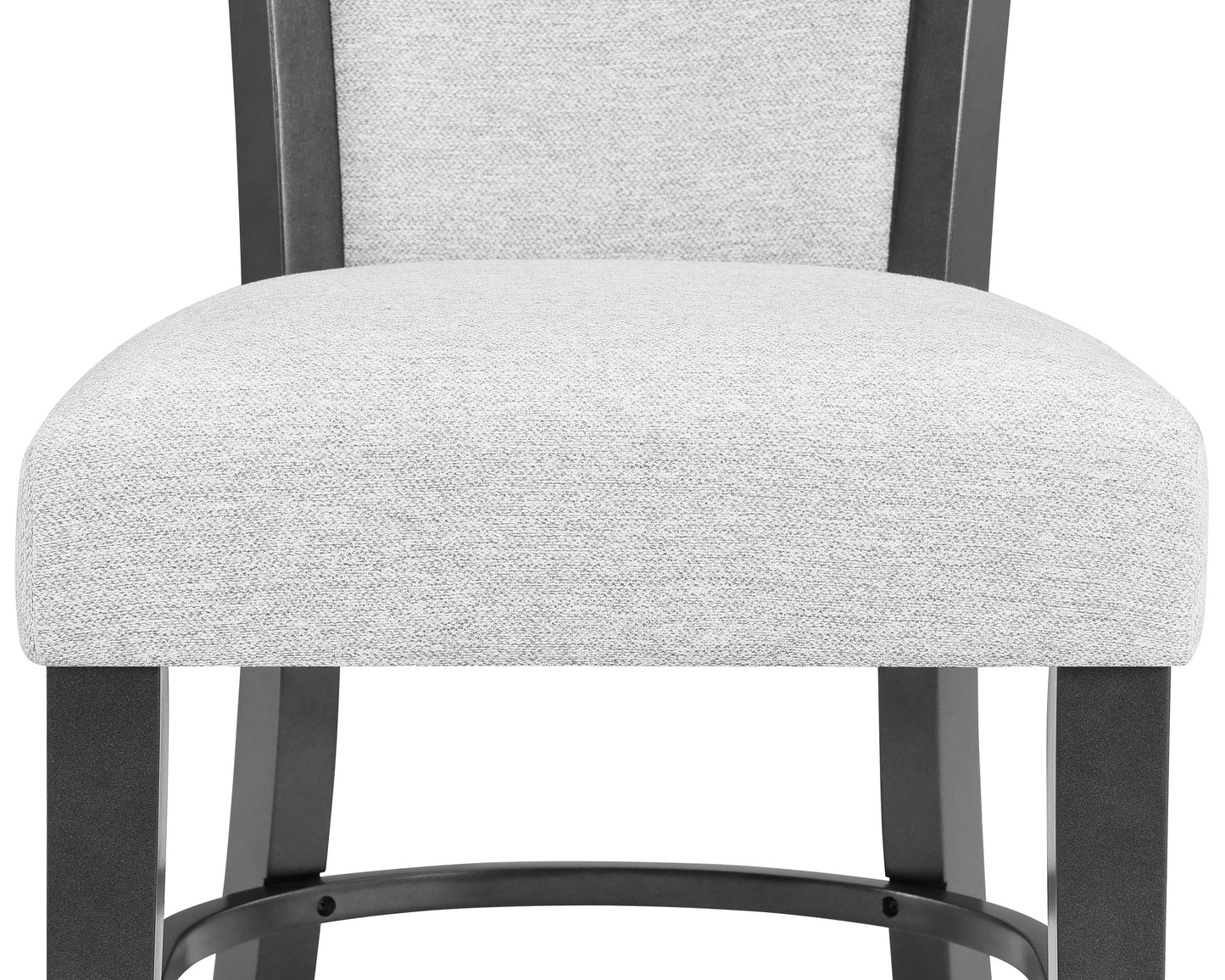 Light grey upholstered bar stool with dark wooden frame and legs