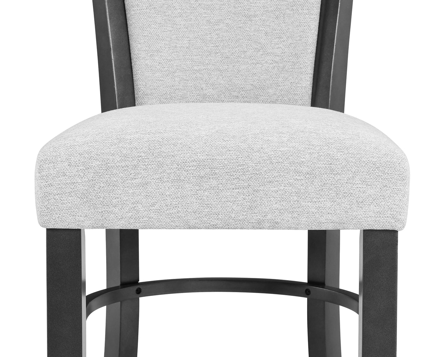 Gray upholstered bar stool with dark wood legs
