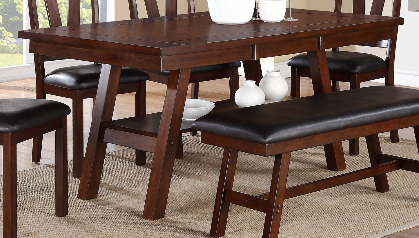 Dark wood dining table with brown faux leather seating and chairs