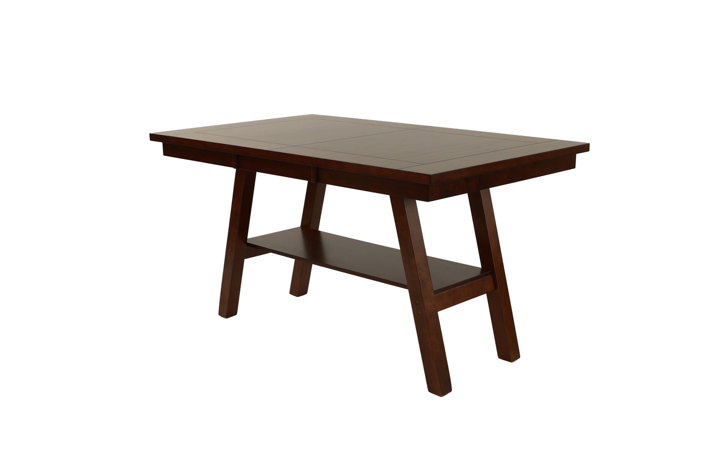 Dark brown wooden dining table with shelf