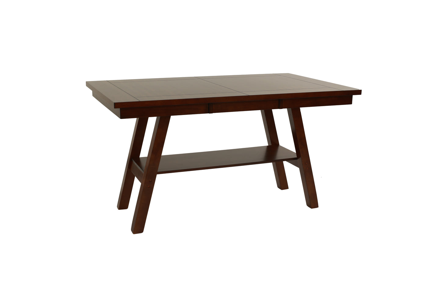 Dark brown wooden console table with a lower shelf and tapered legs