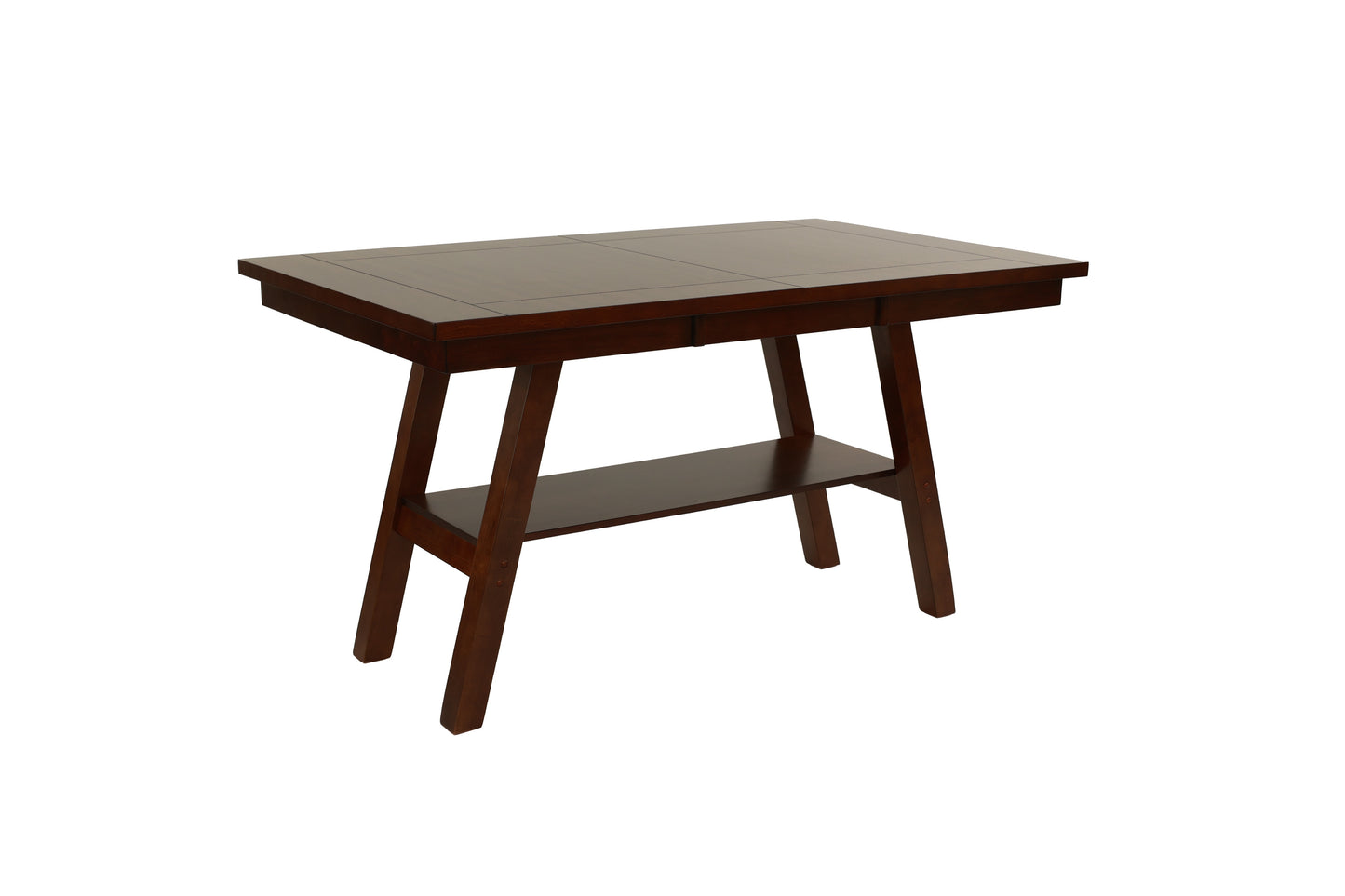 Dark brown wooden console table with two shelves and angled legs
