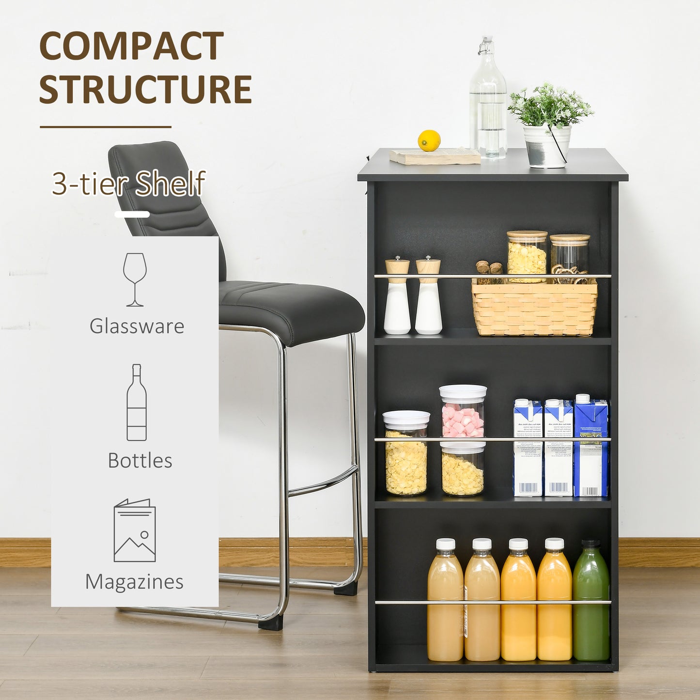 Black tier shelf unit with jars of snacks and beverages