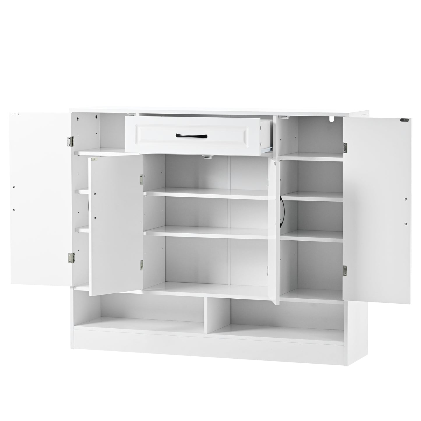 White modern sideboard with open doors and visible shelves