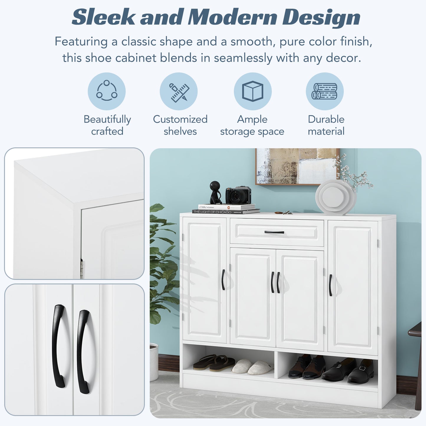 White shoe cabinet with black handles and open shoe shelves