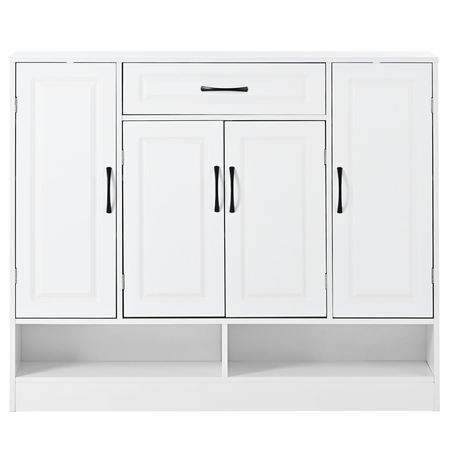 White storage cabinet with paneled doors and a single drawer