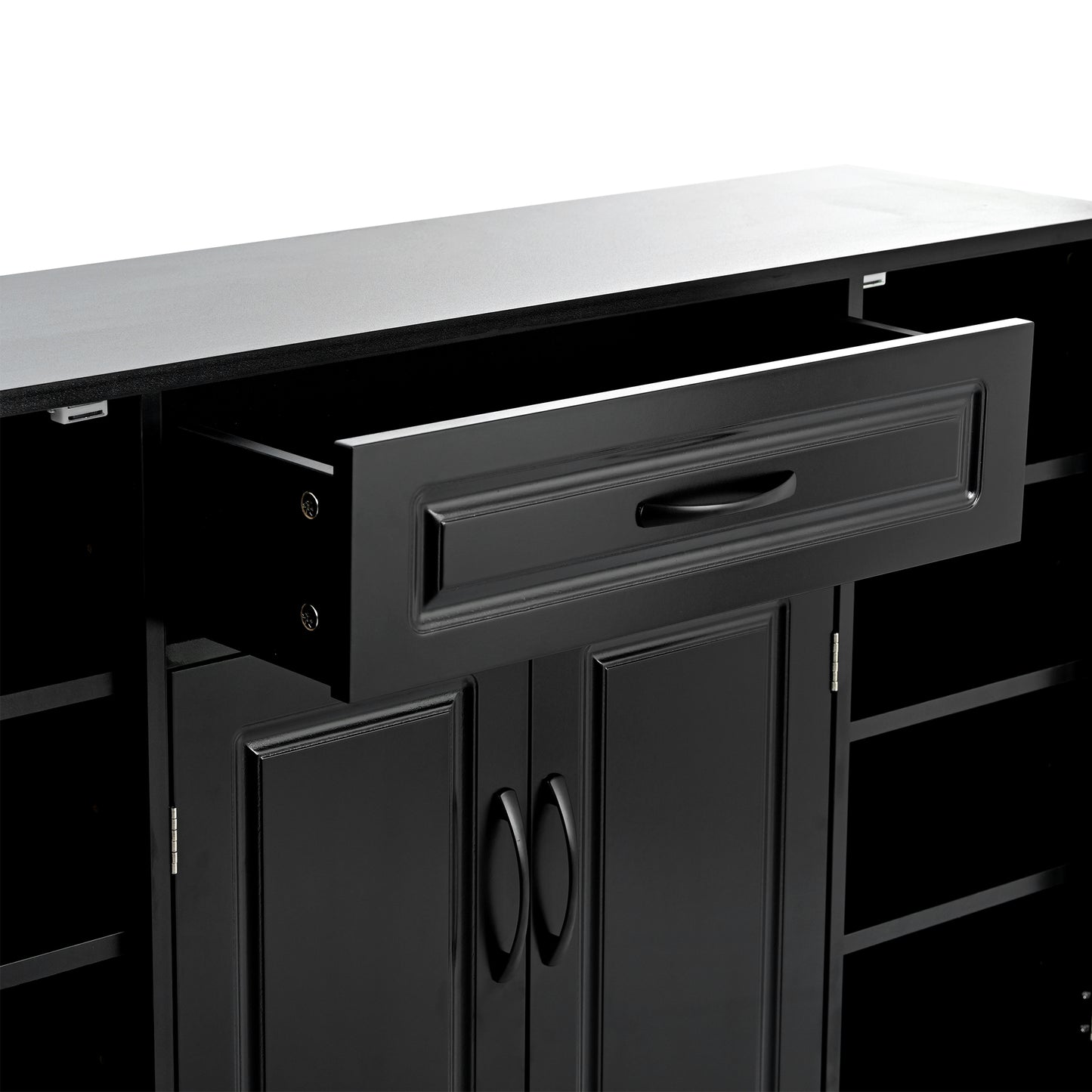Black wood cabinet with open drawer and two cabinet doors