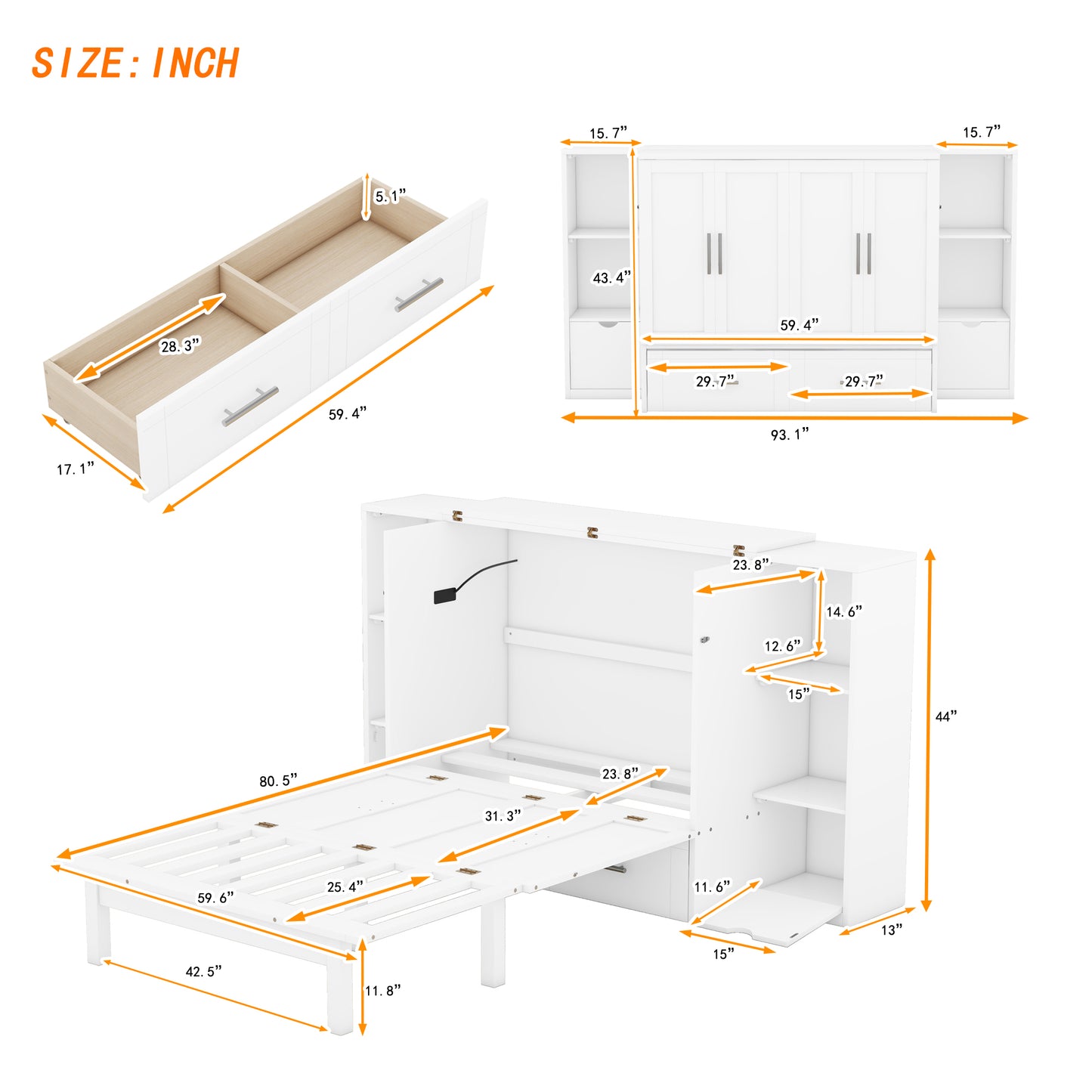 White Murphy bed with integrated drawers and shelving