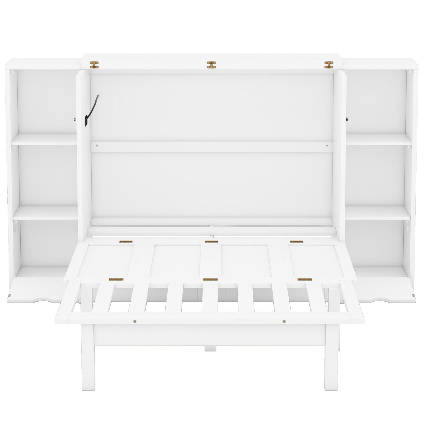 White wall bed with open shelving and folddown desk