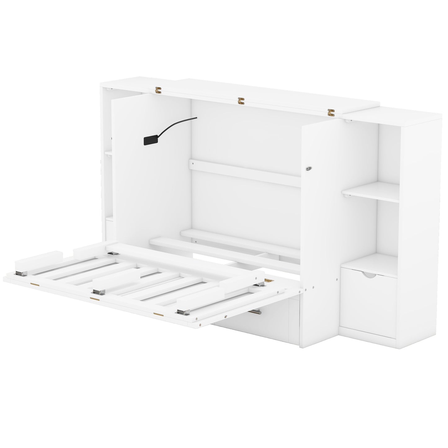 White Murphy bed with integrated shelving and drawer unit