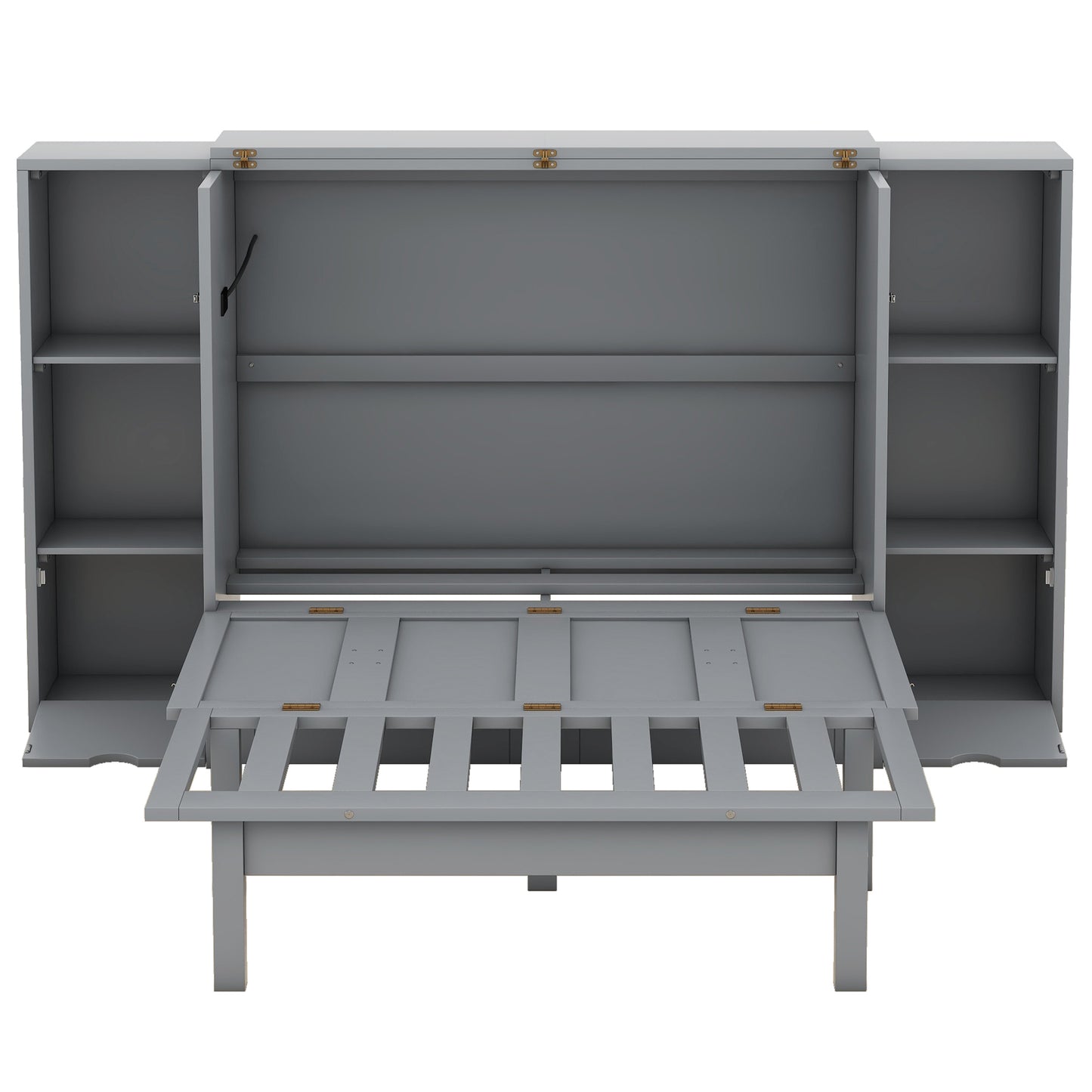 Gray murphy bed cabinet with open front revealing a pulldown bed frame