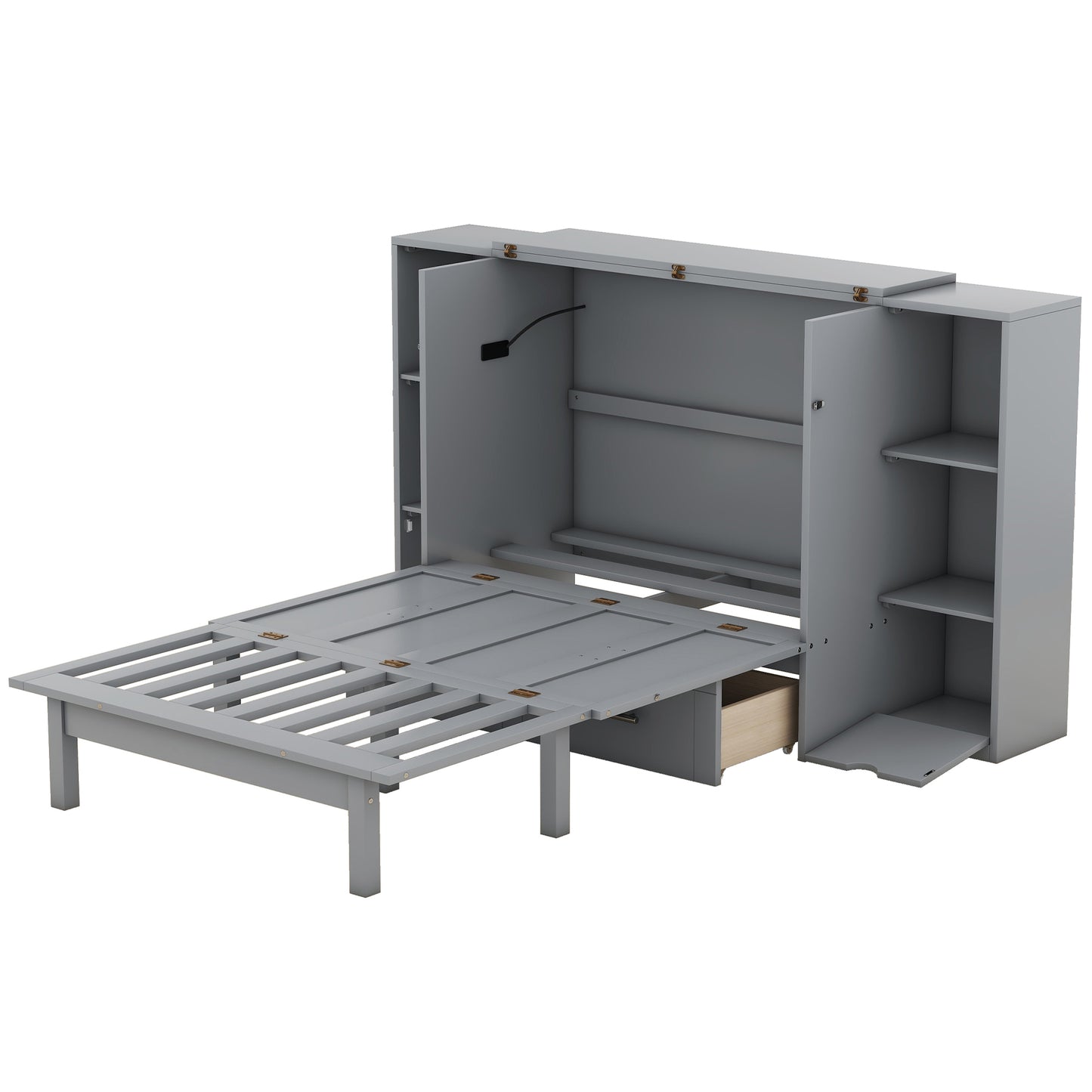 Gray Murphy bed in an open position with a slatted frame