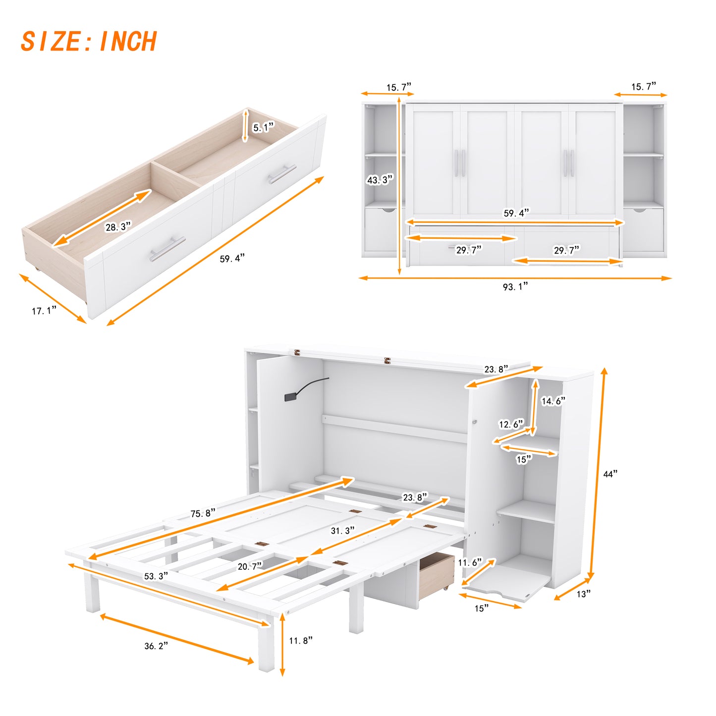 White murphy bed frame with open drawer