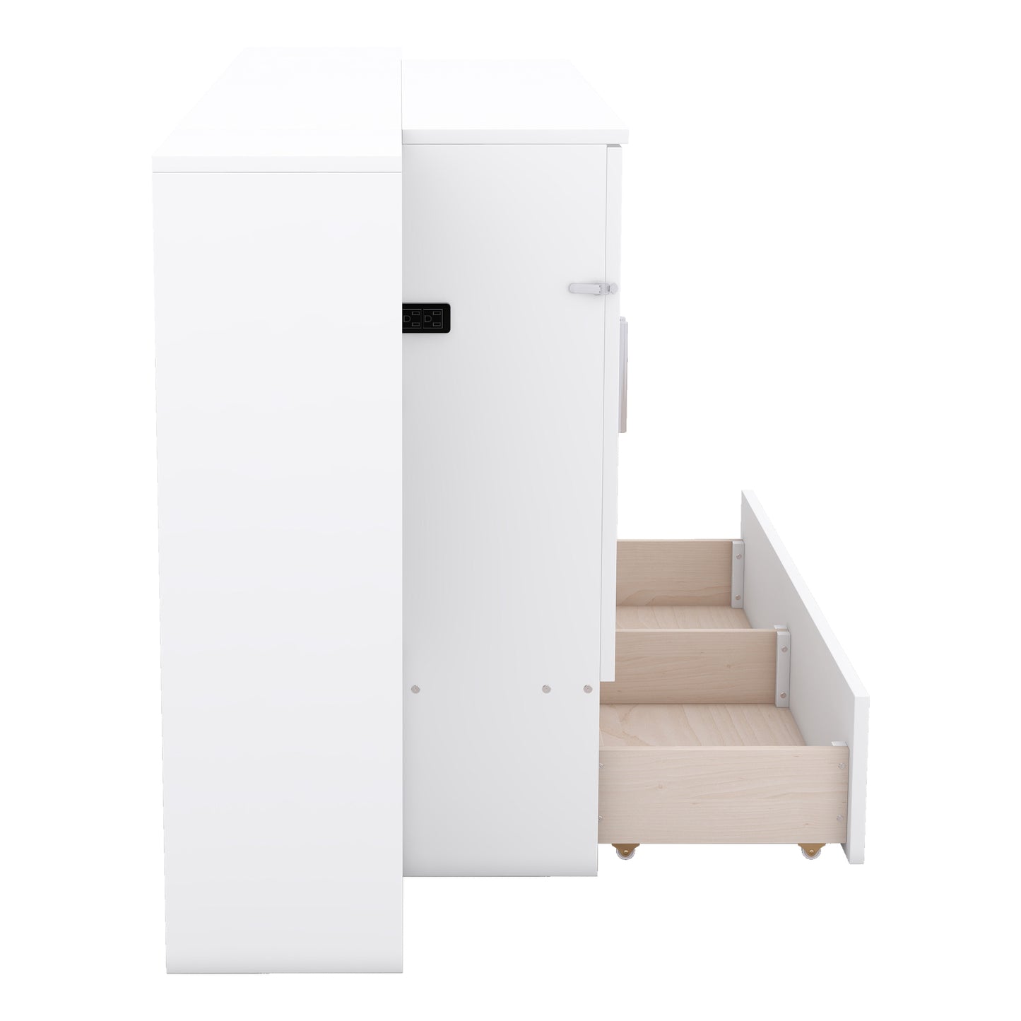 White modern dresser with three open wooden drawers and integrated power outlets on side