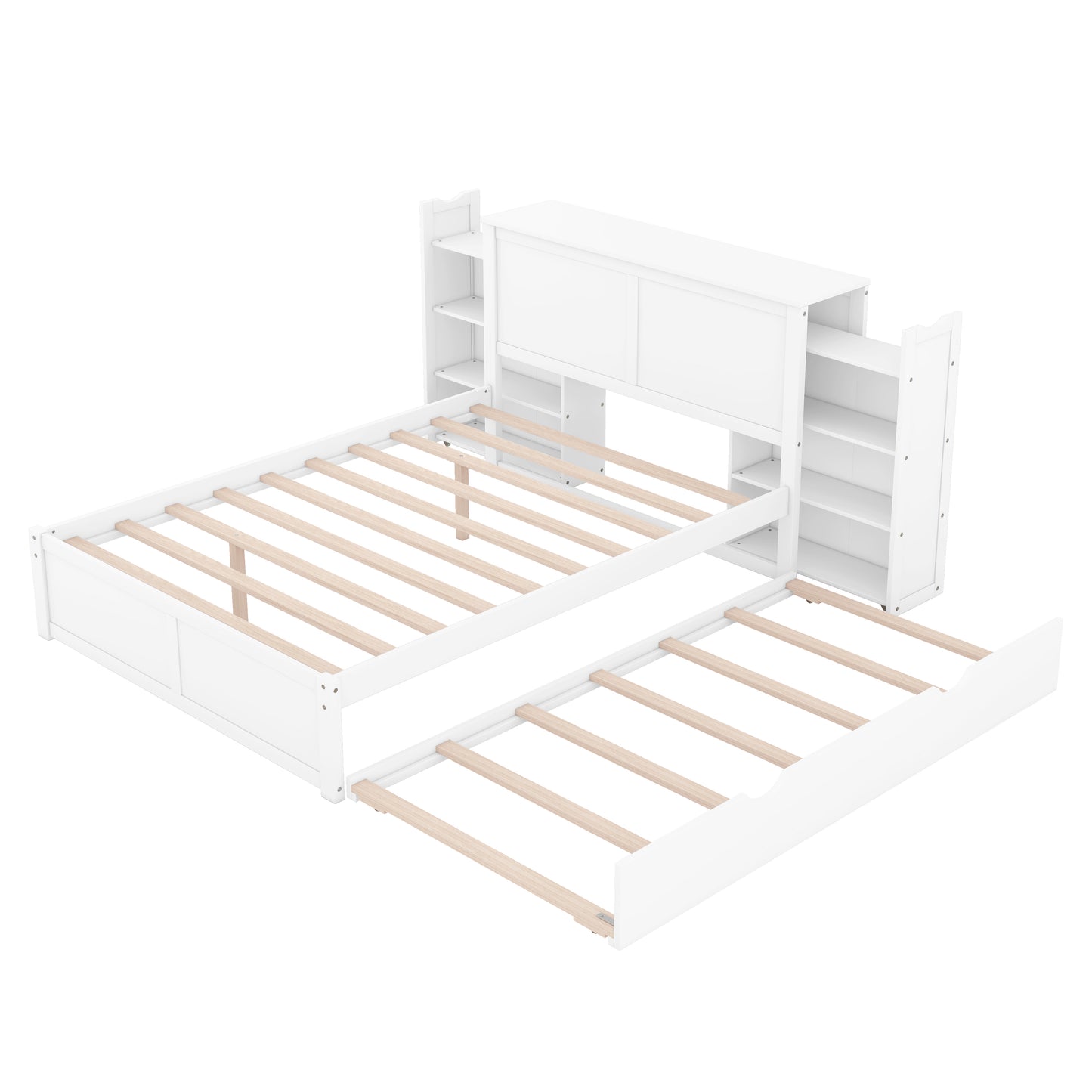 White twin bed frame with pullout trundle and builtin shelving
