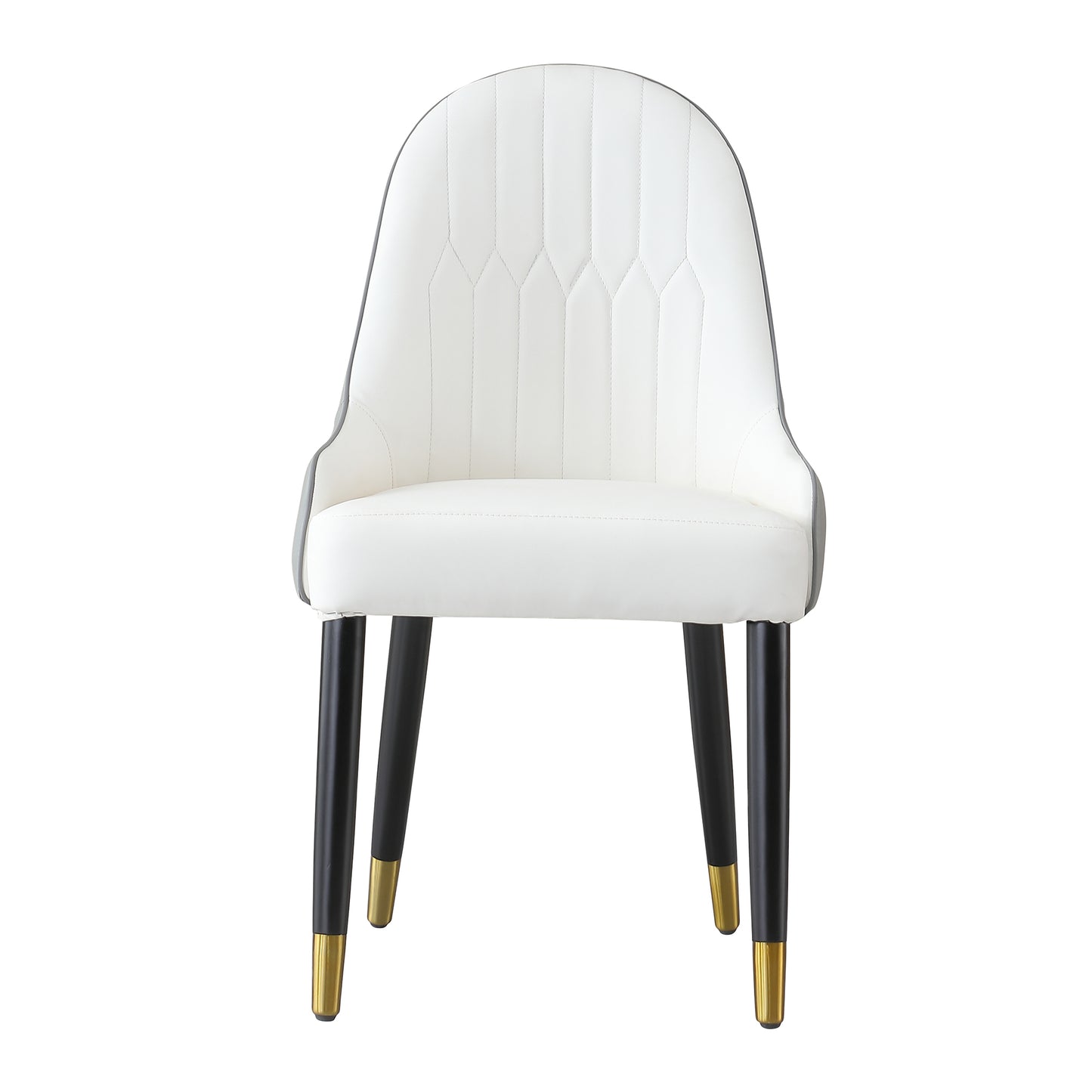 White upholstered dining chair with diamond stitching detail and black legs with gold accents