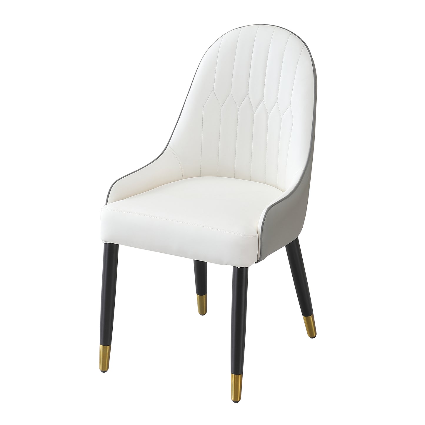 White upholstered dining chair with stitched backrest and goldtipped black legs
