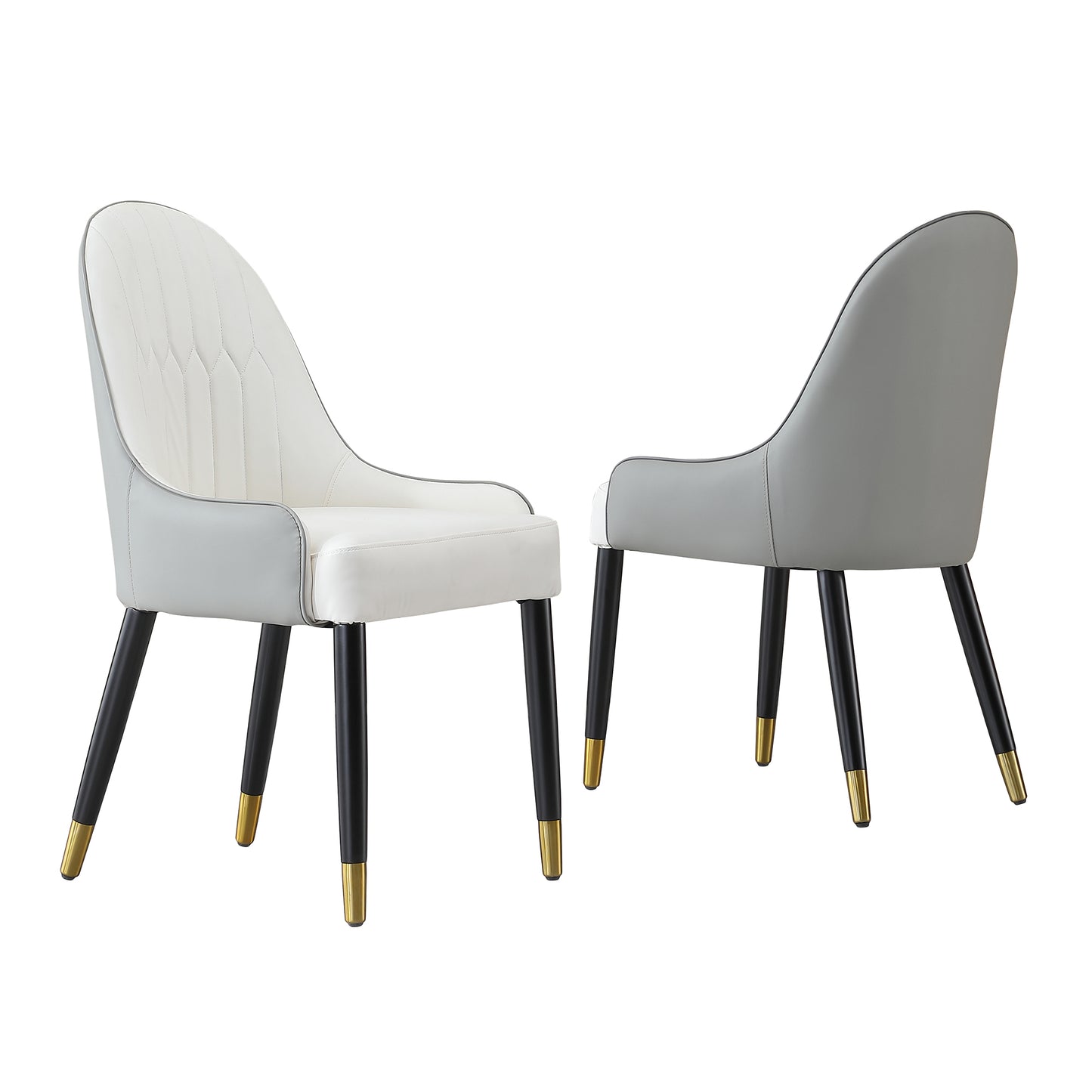 White upholstered dining chair with grey accents and goldtipped black legs