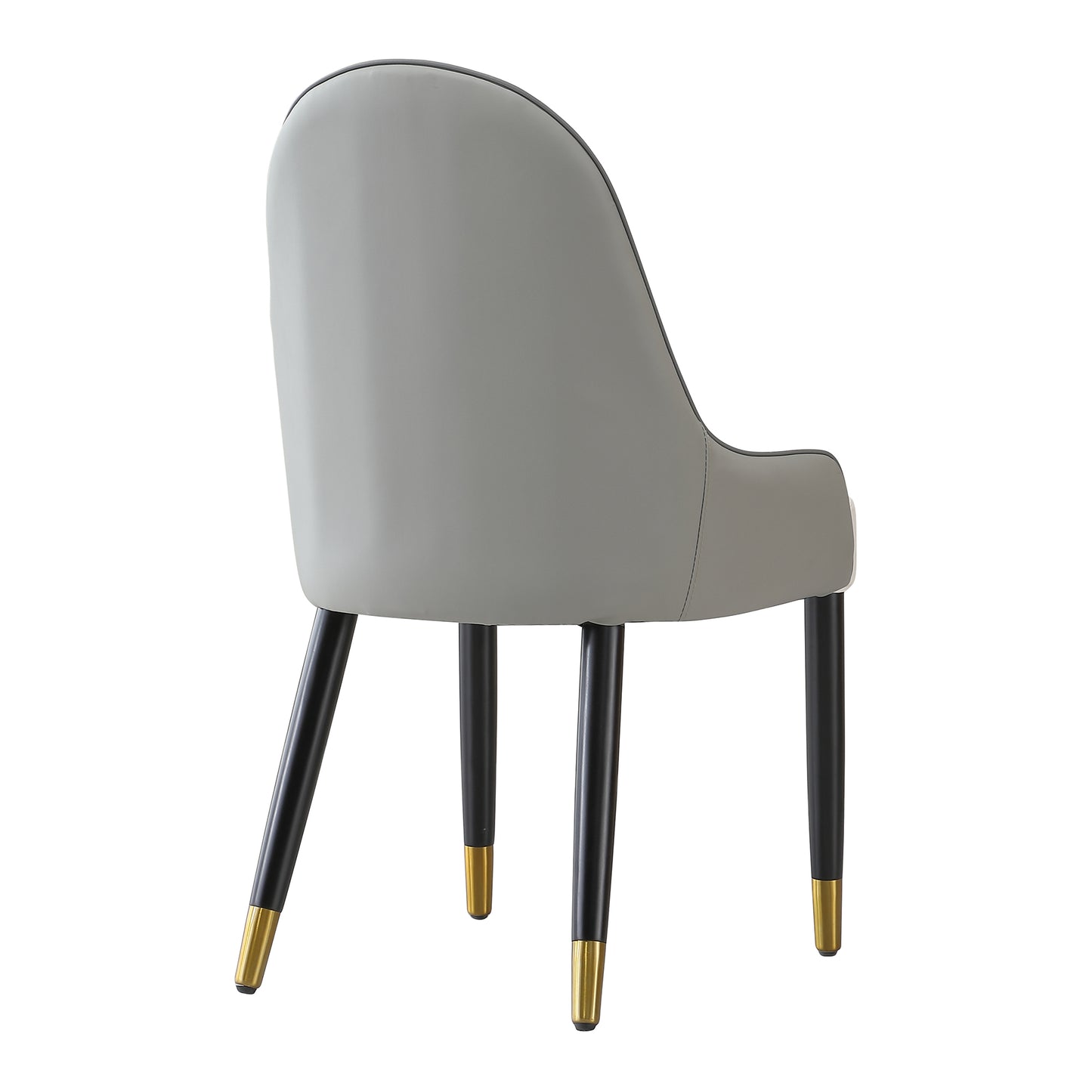Modern grey upholstered dining chair with black metal legs and gold accents