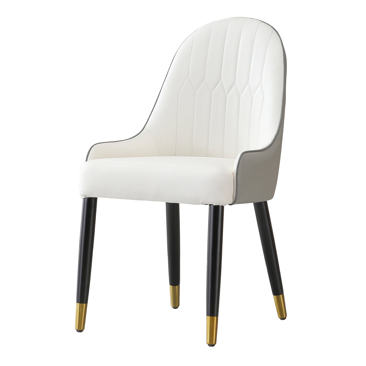 White upholstered dining chair with black legs and gold accents