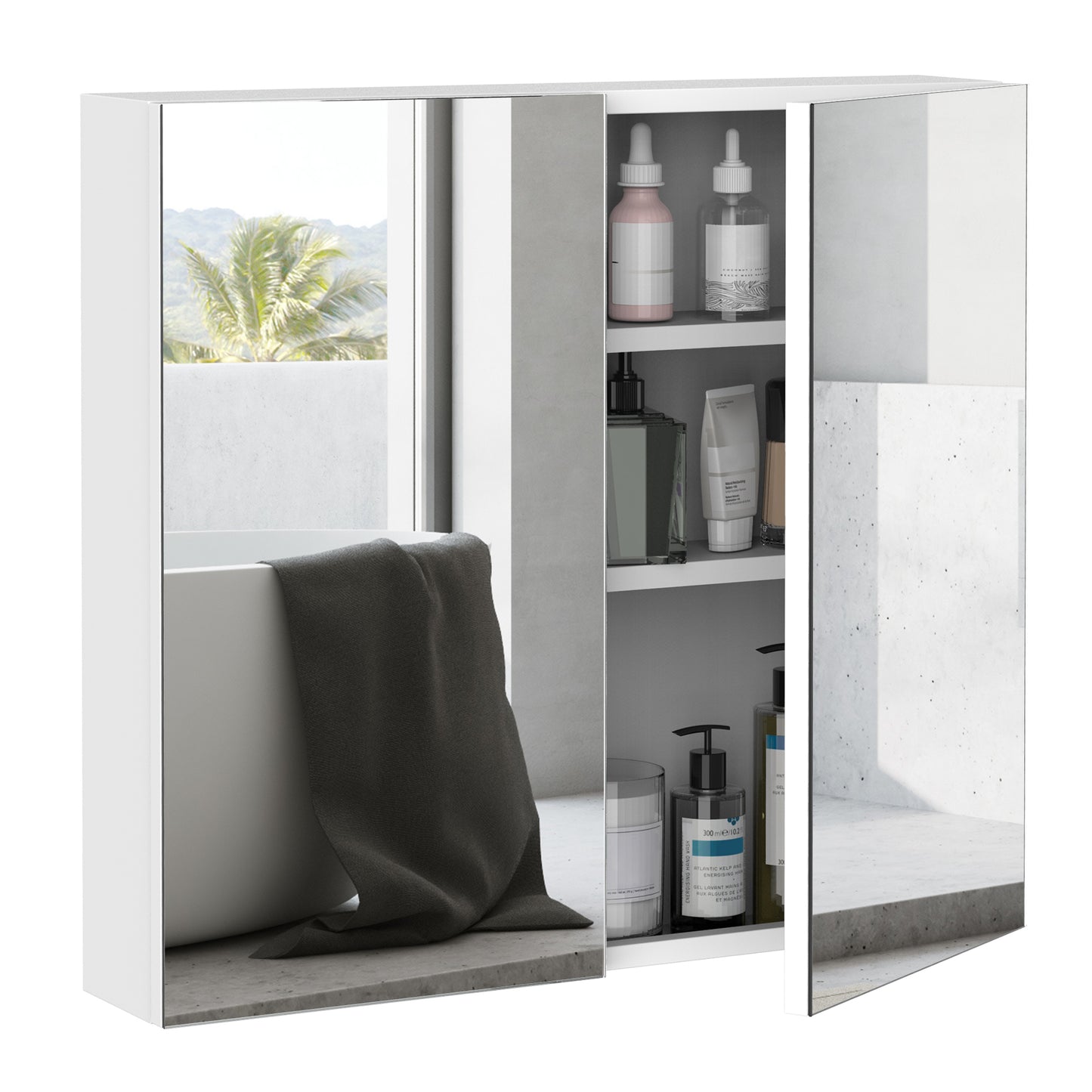White mirrored bathroom cabinet with shelfdisplayed toiletries