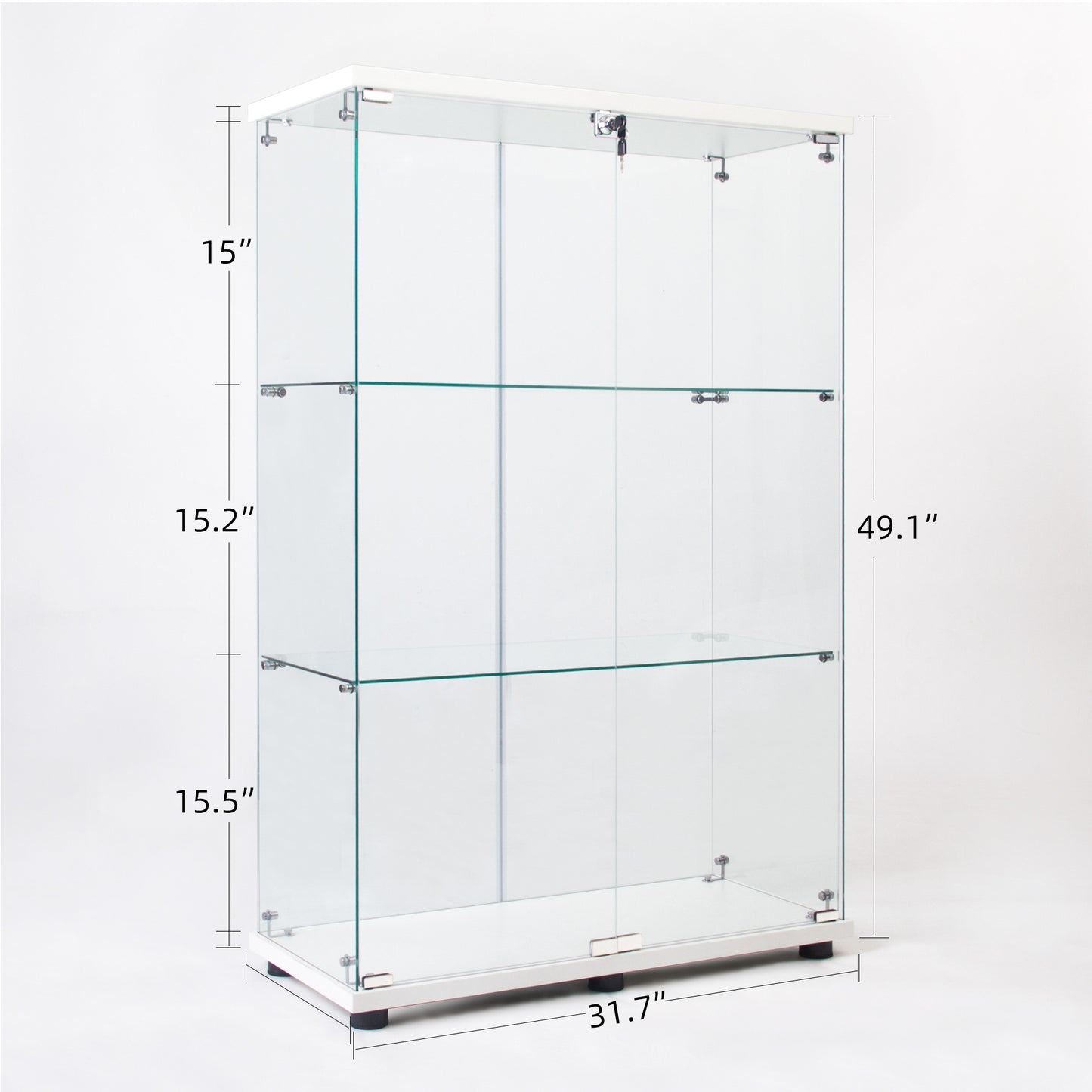 Locking glass display case with three shelves and white frame