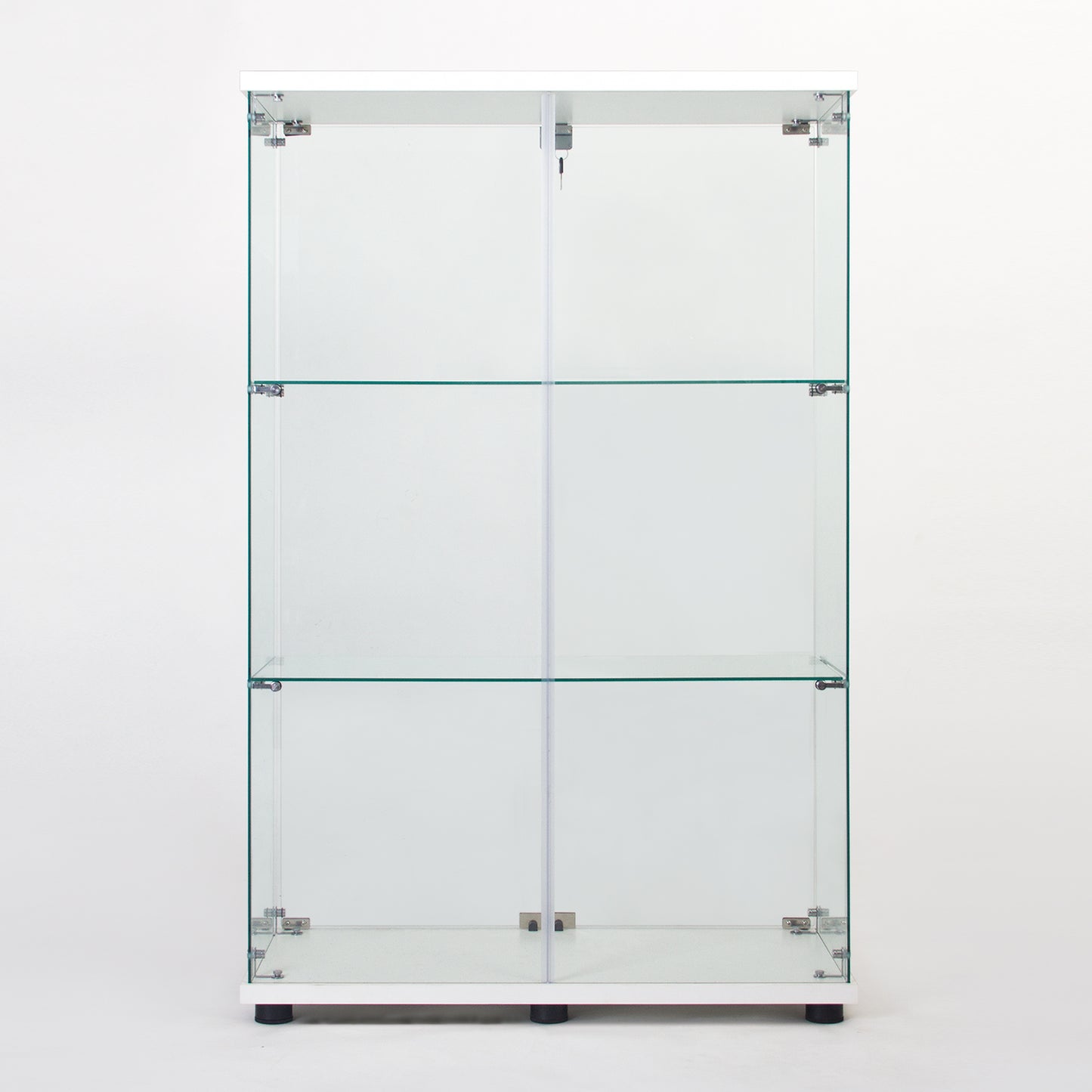 Modern glass display cabinet with aluminum frame and three shelves