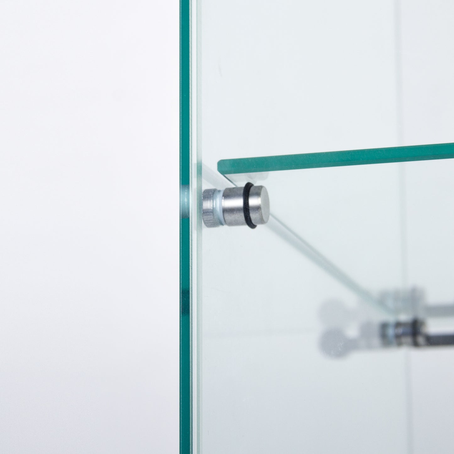 Glass shelf bracket with brushed metal finish and rubber grip