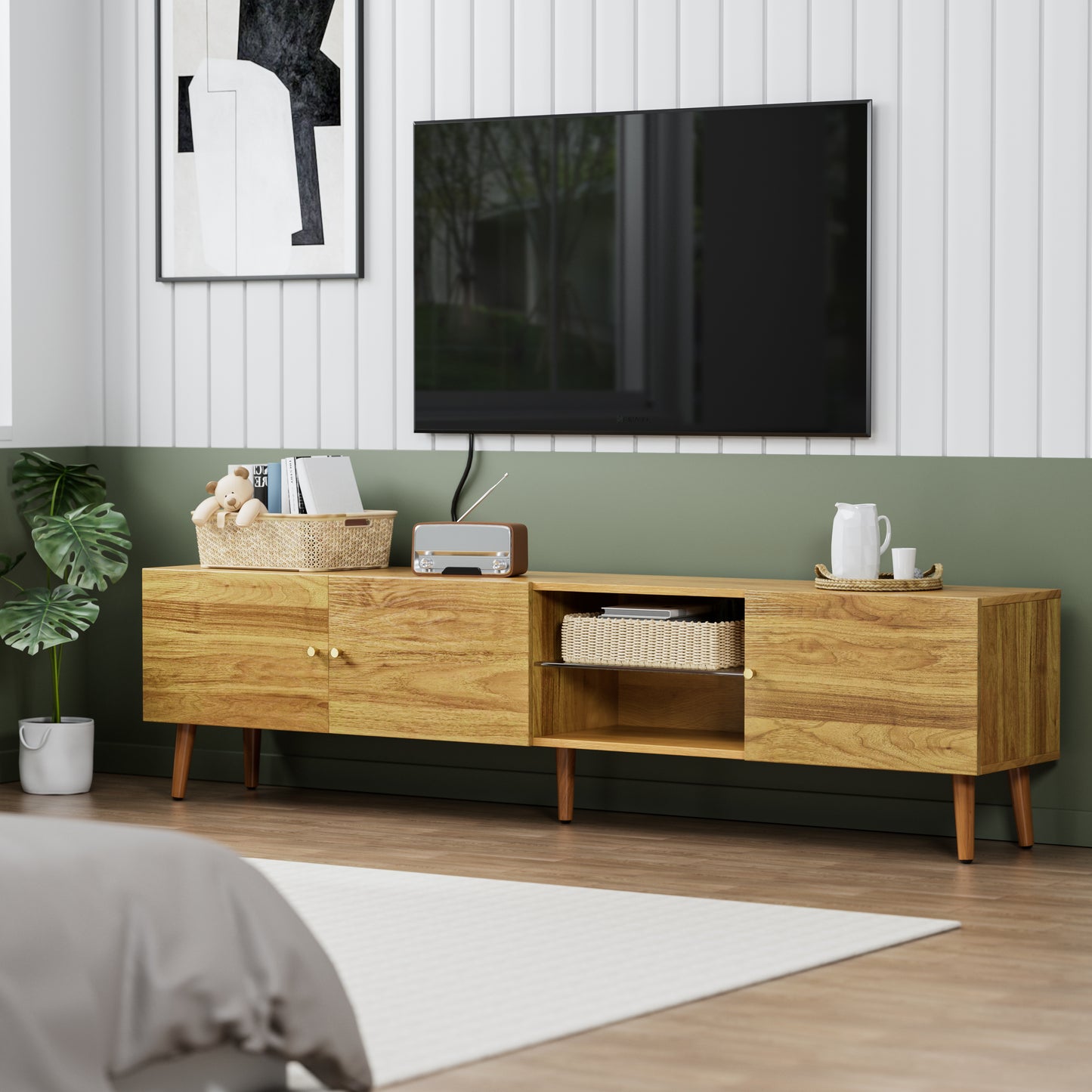 Modern oak TV stand with two cabinets and open shelving