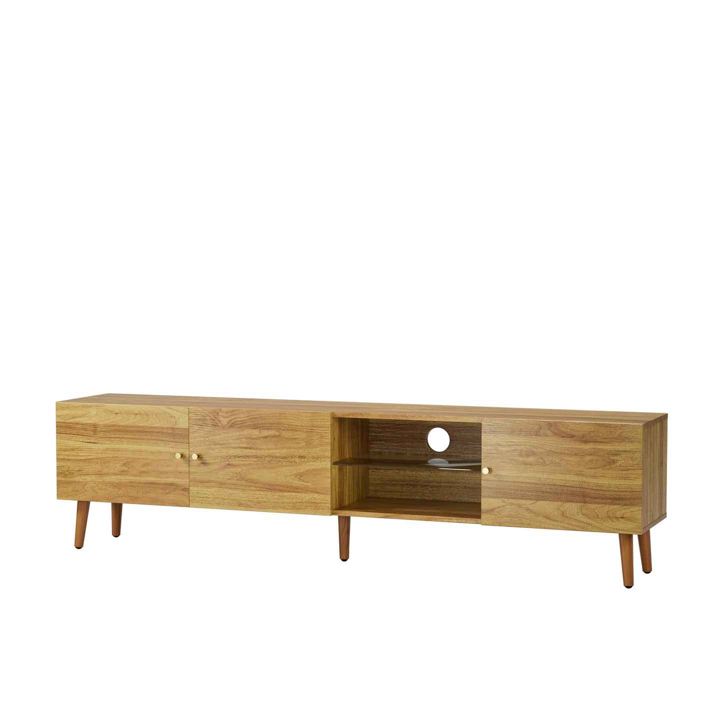 Midcentury modern media console in warm wood finish with tapered legs and brass knobs