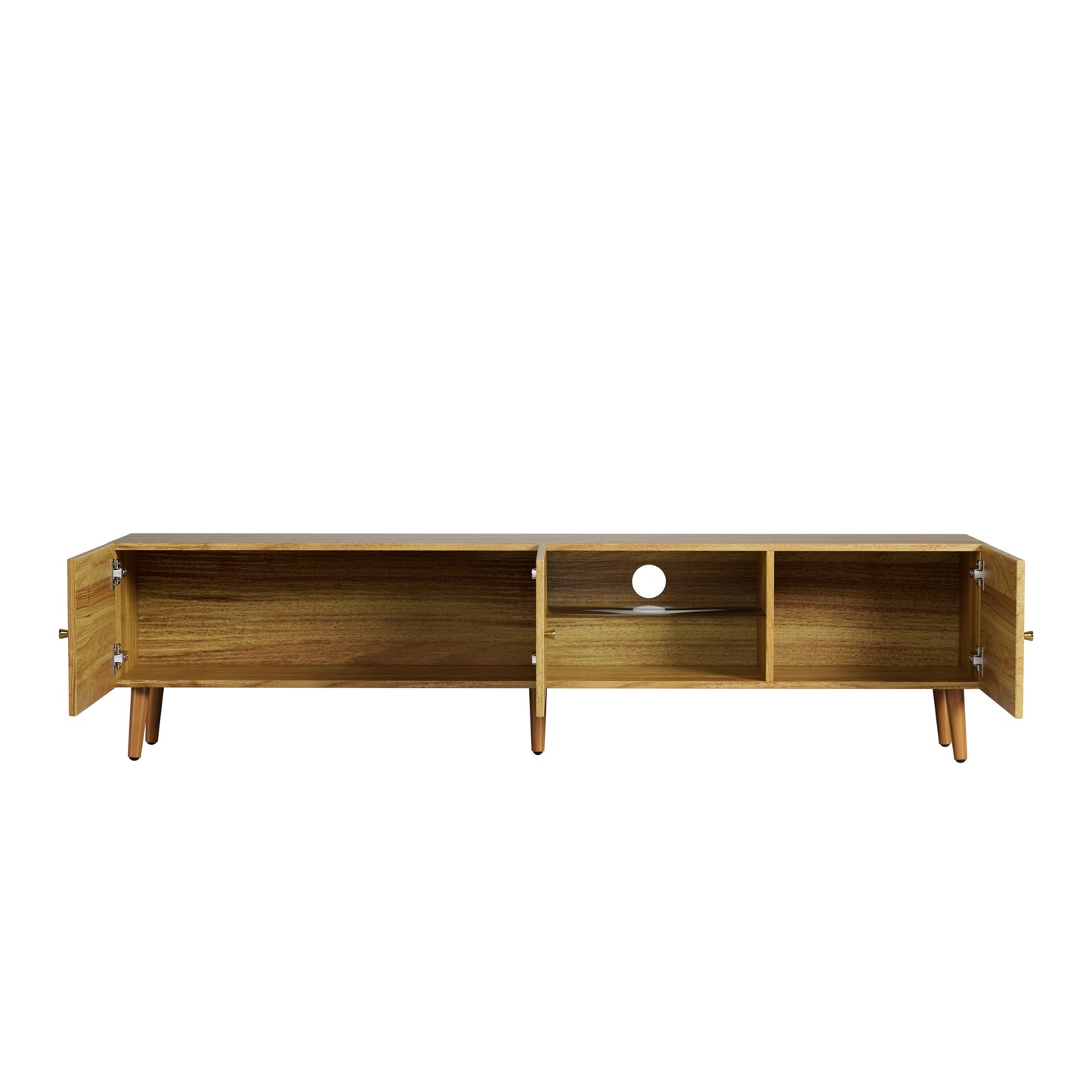 Open pine wood media console with two cabinet doors and three open shelves