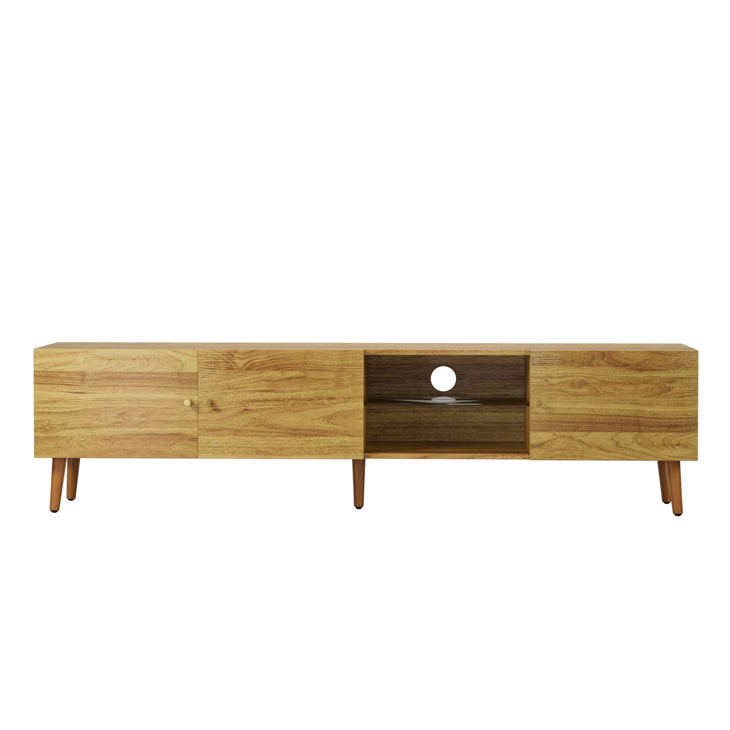 Light oak TV stand with two cabinets and open shelving