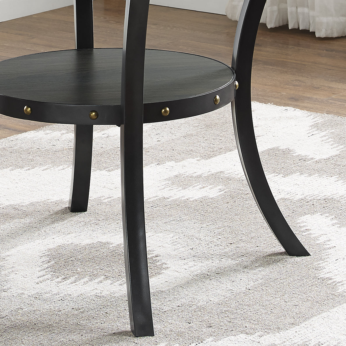 Black round nesting tables lower shelf with bronze nailhead trim