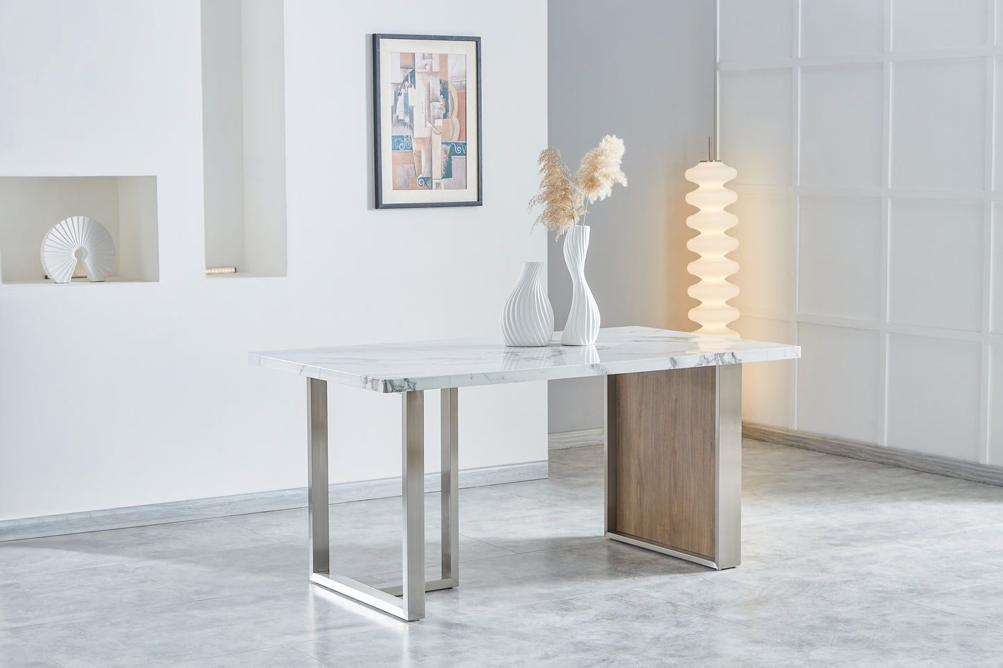 Modern marble dining table with brushed stainless steel legs